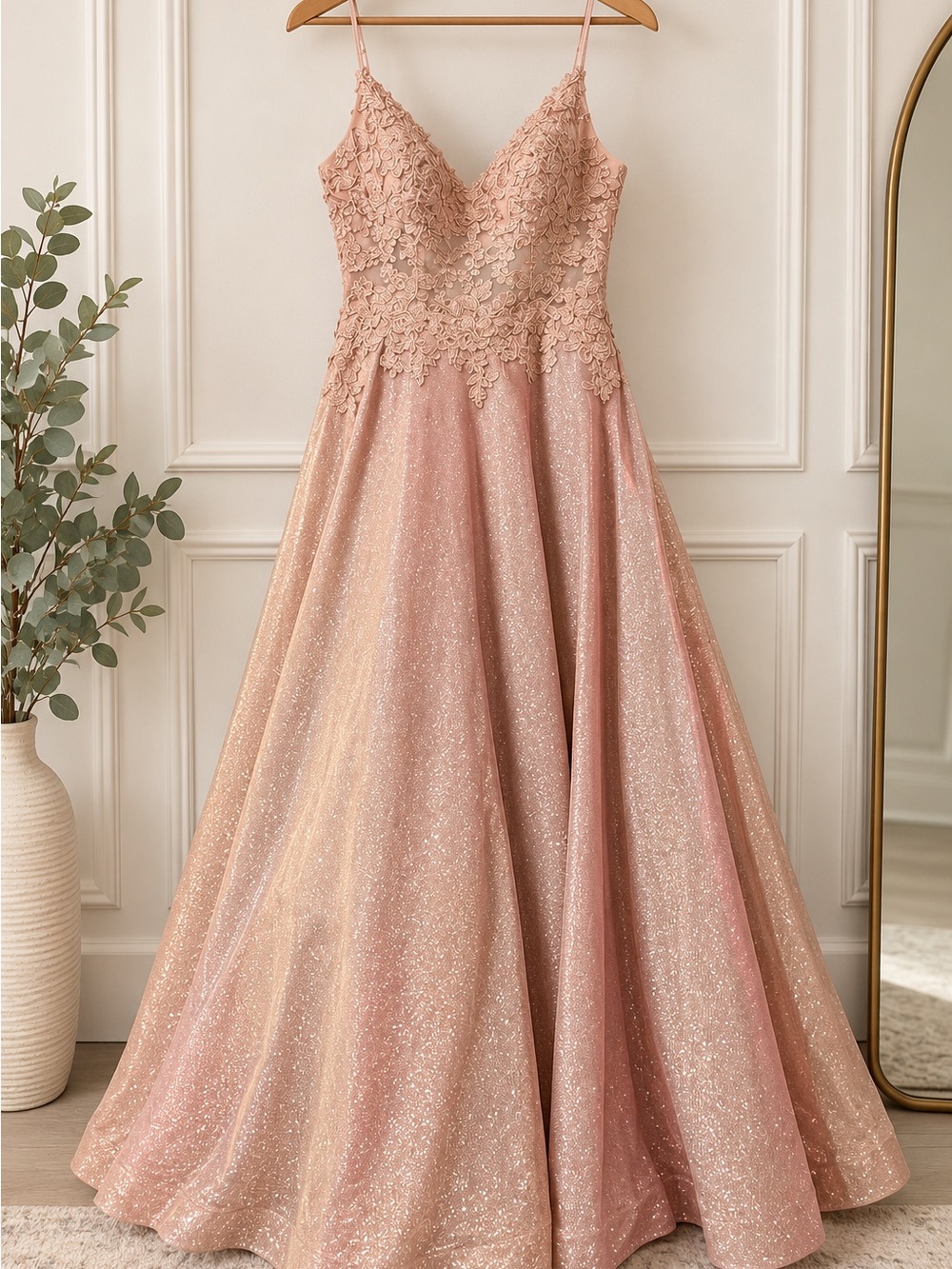 cleo Sparkling Lace A-Line Gown in Blush Pink